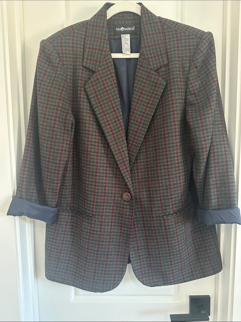 Sag Harbor Women's Plaid Blazer in Charcoal Gray with Red Windowpane
